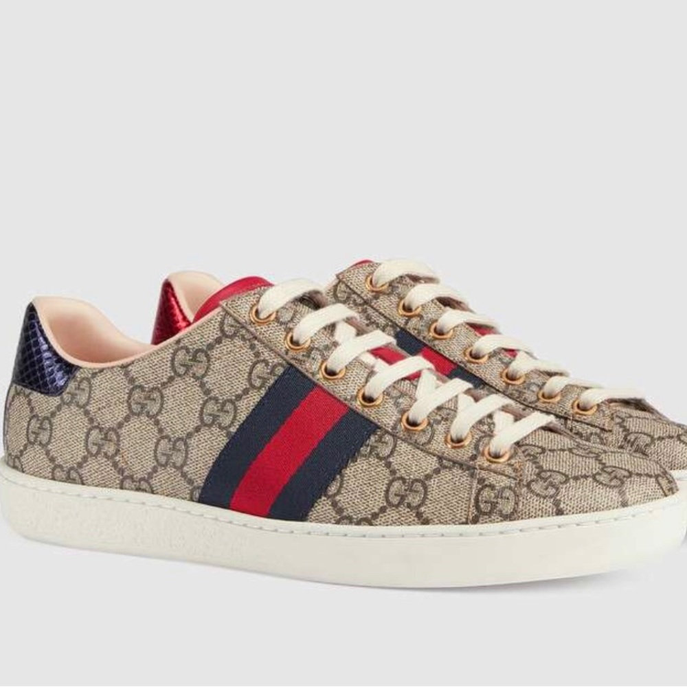 Gucci Monogram Sneakers with Red and Blue Accents (Authentic)